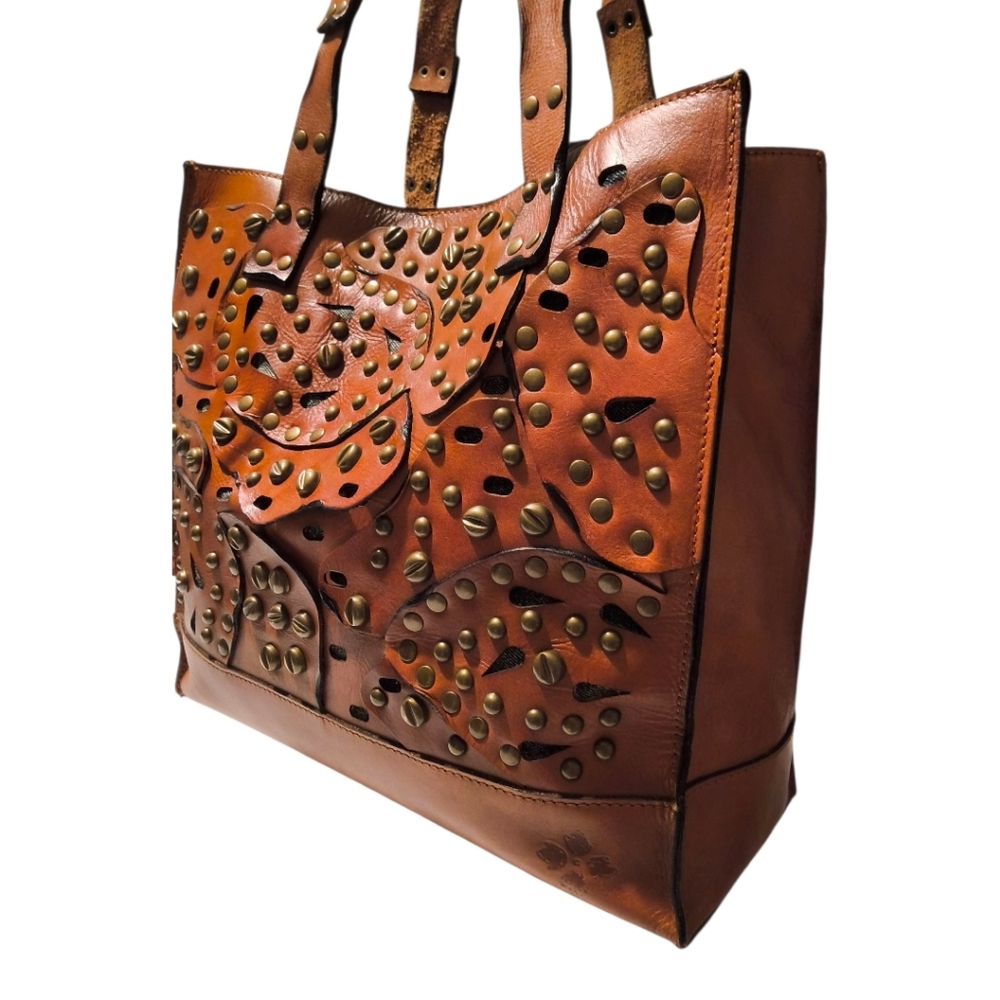 Patricia Nash Studded Link Perforated Toscano Tote Bag in Cognac Brown EUC - Picture 2 of 16
